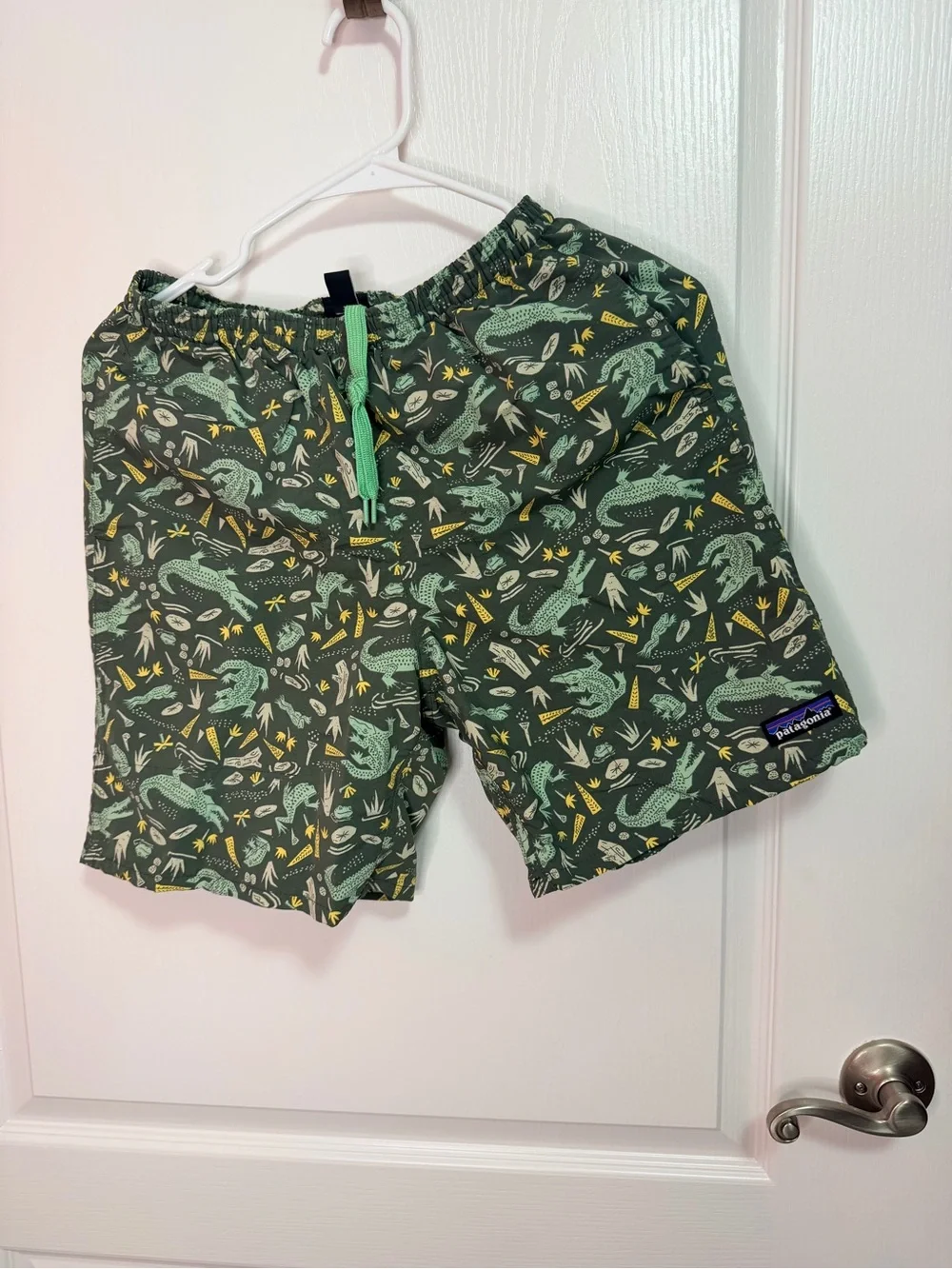 Patagonia Olive Green Swim Trunks with Yellow & Cream Print